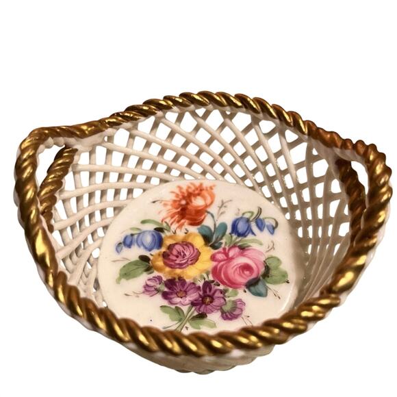 Vintage Other - Dresden Mini Porcelain Basket, Reticulated • Floral • Gold Trim • Made in Saxony